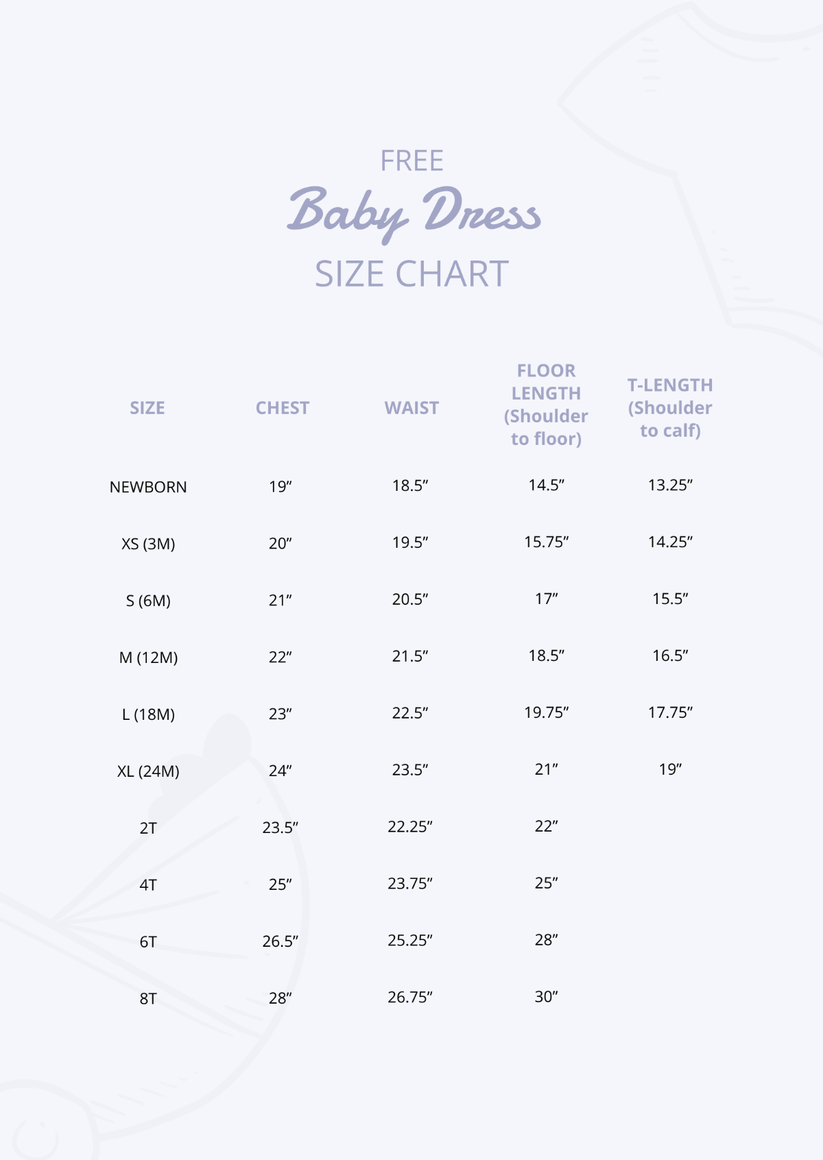 Free Baby Dress Size Chart Template