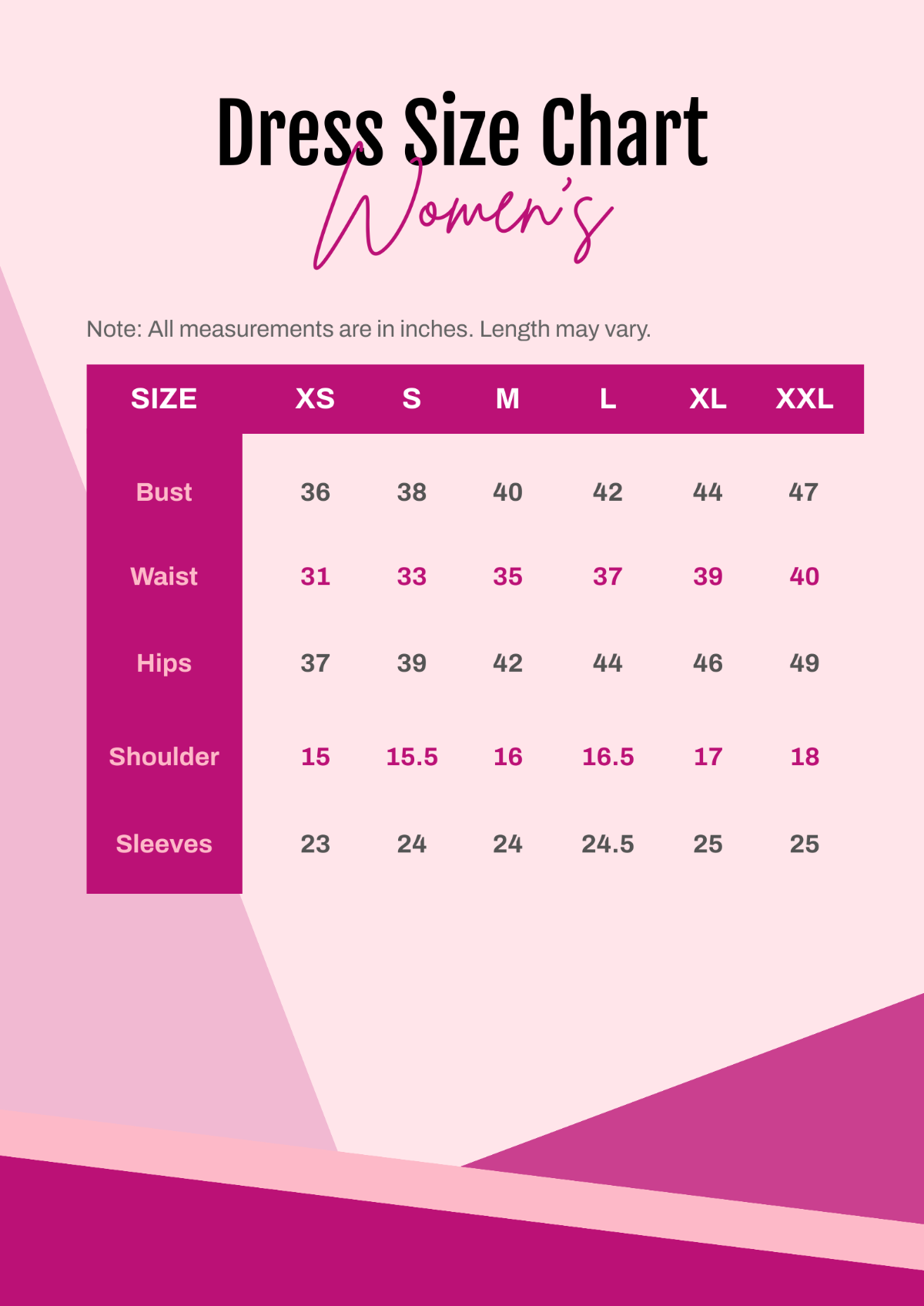 Dress Size Chart Women's Template