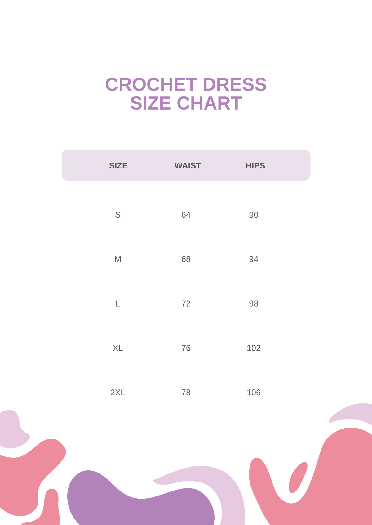 Crochet Dress Size Chart Template