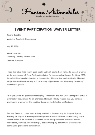 Free Event Participation Waiver Letter Template to Edit Online