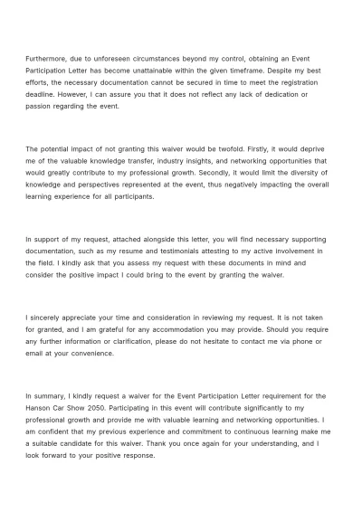 Free Event Participation Waiver Letter Template to Edit Online