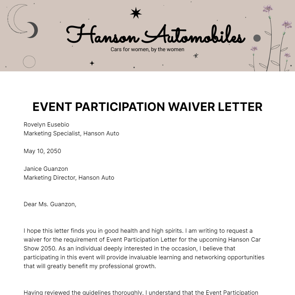 Free Event Participation Waiver Letter Template