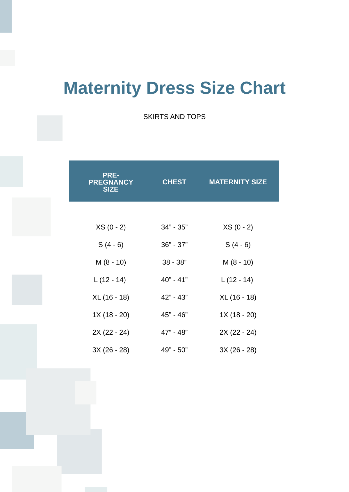 Maternity Dress Size Chart Template