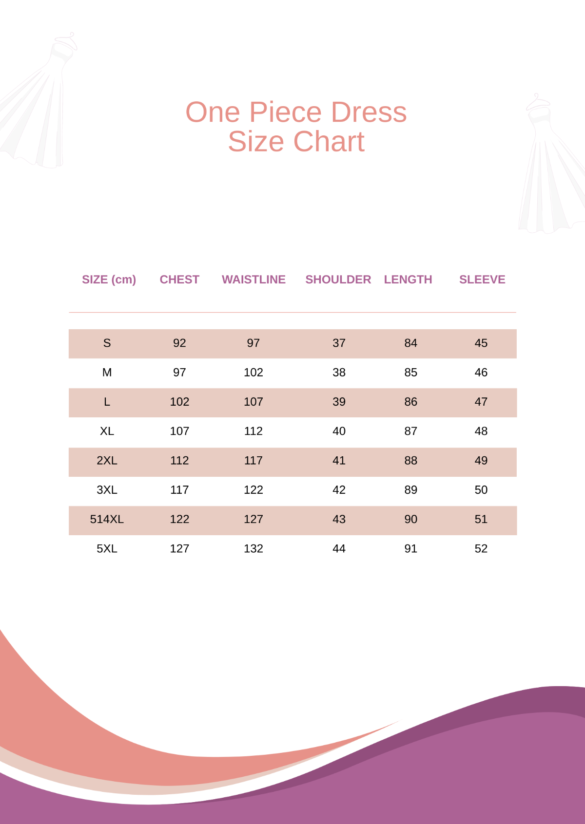 One Piece Dress Size Chart