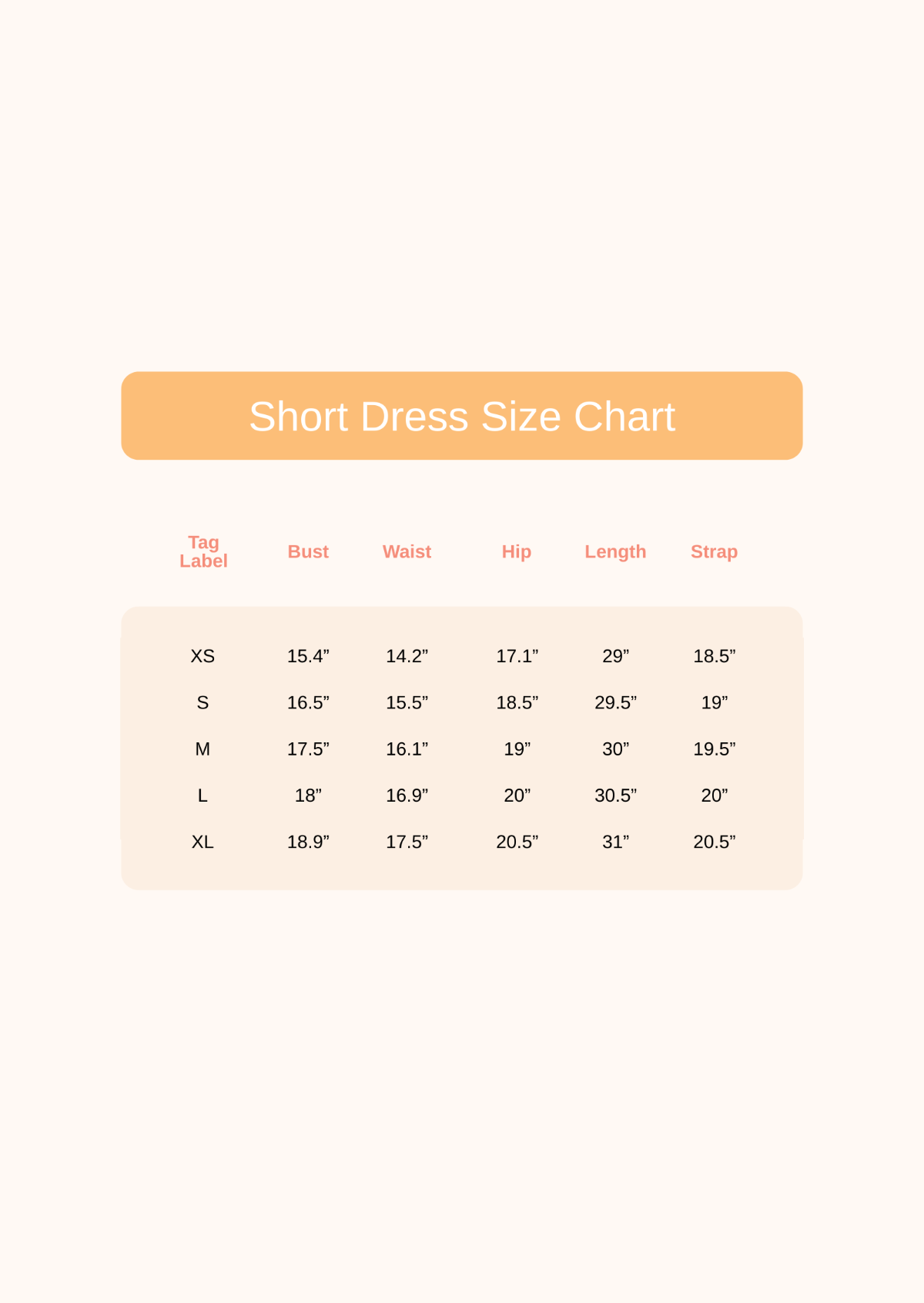 Short Dress Size Chart Template