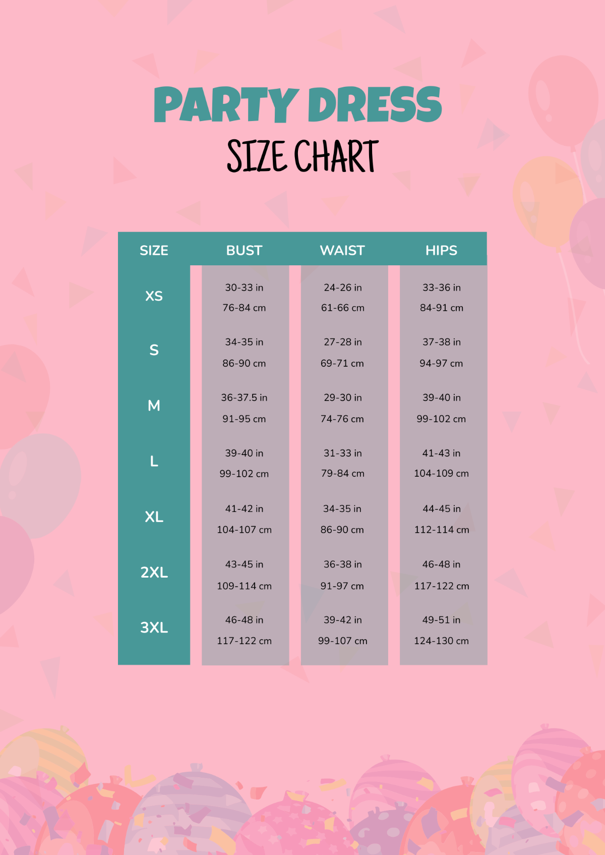 Free Party Dress Size Chart Template