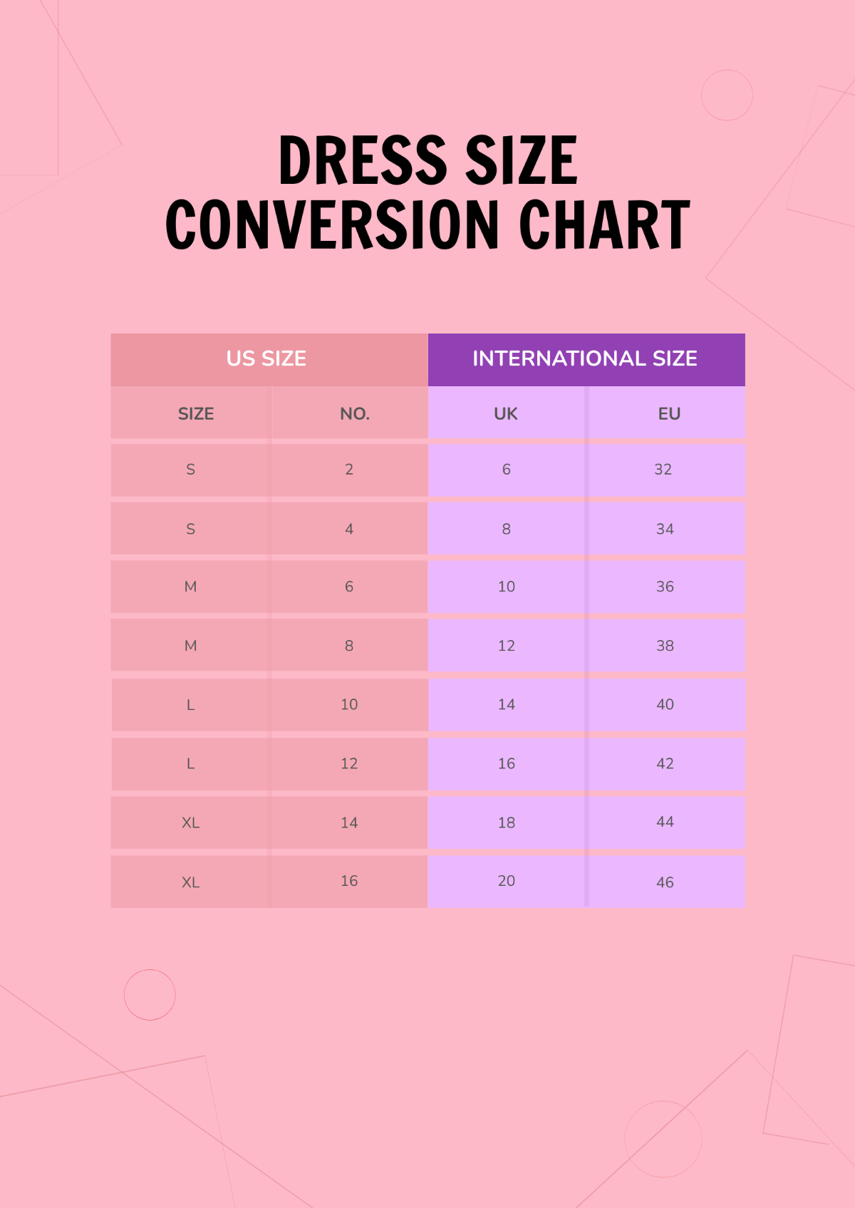Dress Size Conversion Chart Template