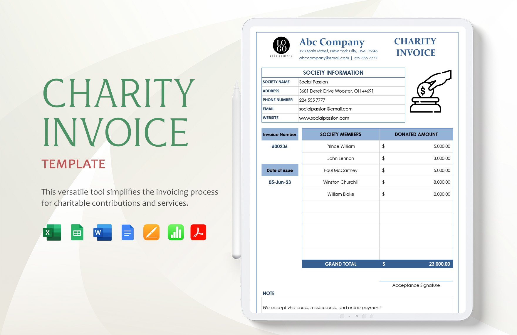 Charity Invoice Template in Word, Google Docs, Excel, PDF, Google Sheets, Apple Pages, Apple Numbers