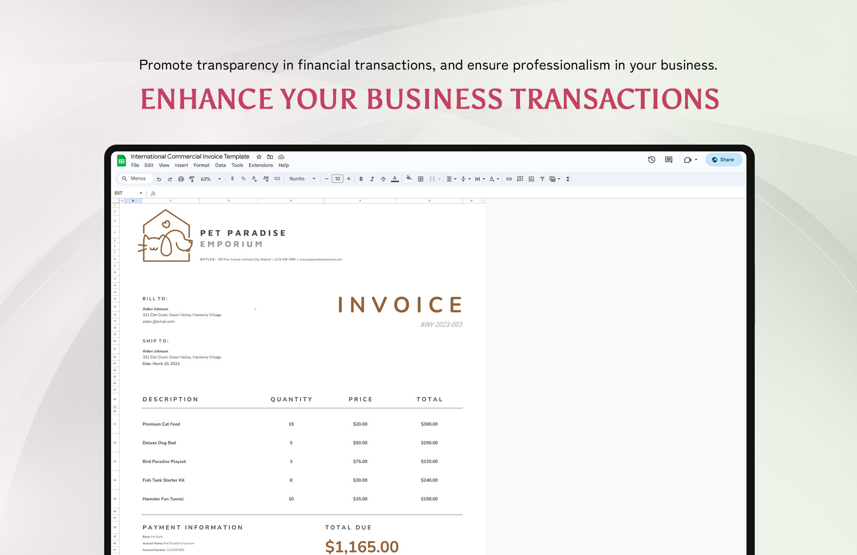 International Commercial Invoice Template