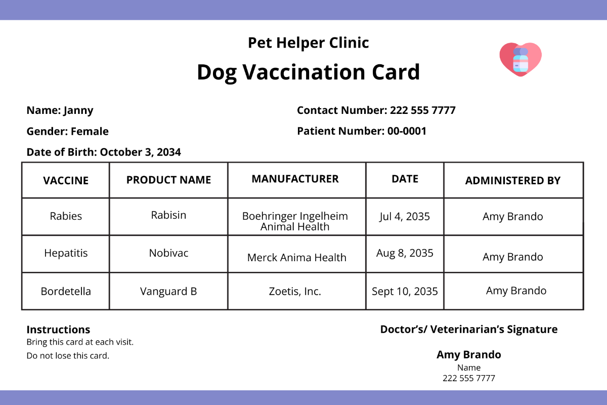 Dog Vaccine Card