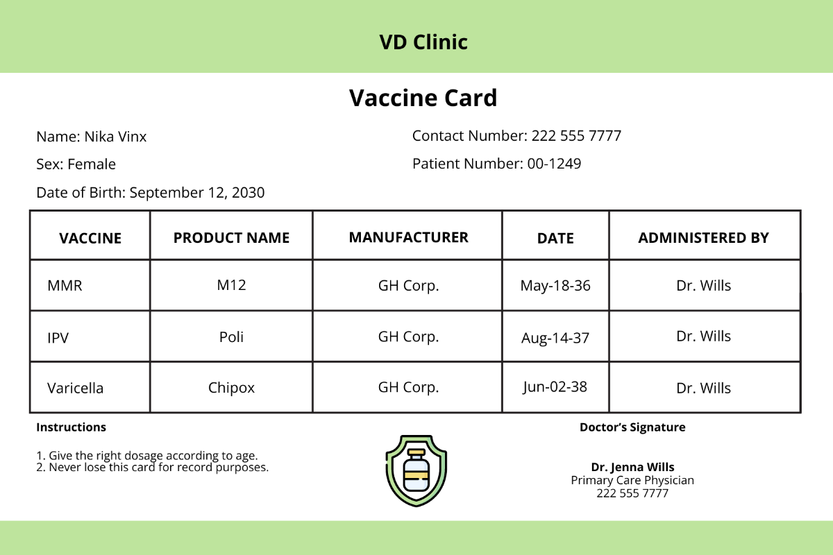 Sample Vaccine Card