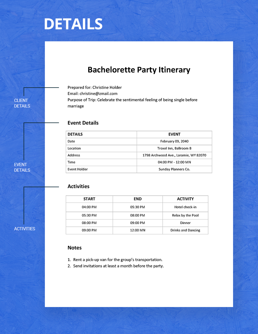 Bachelorette Party Itinerary Template