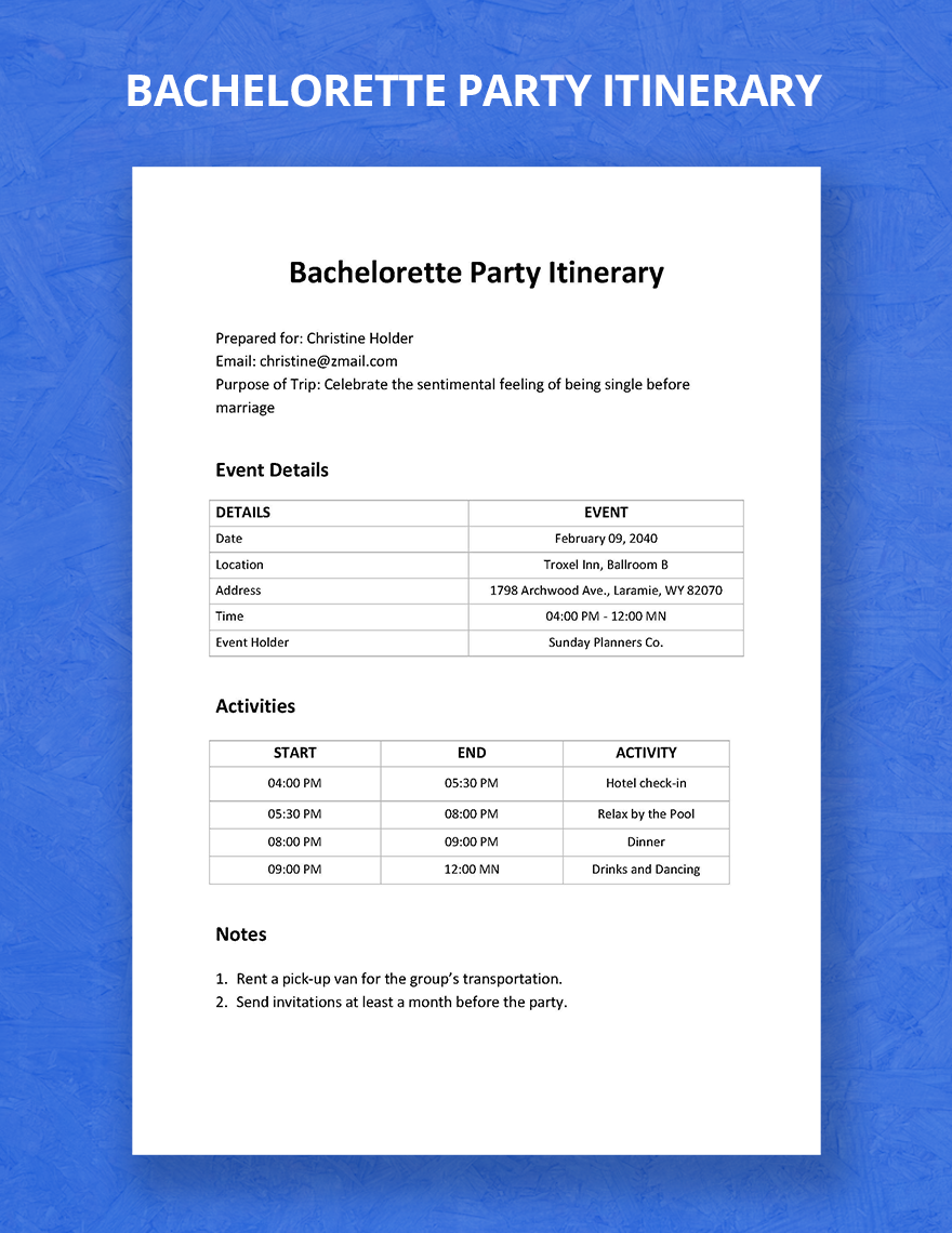 Bachelorette Party Itinerary Template Google Docs, Word
