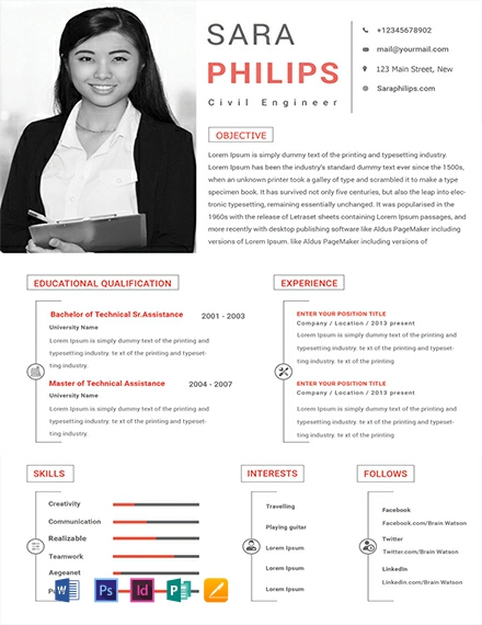 Free Civil Engineer Sample Resume Template - InDesign, Word, Apple Pages, Publisher