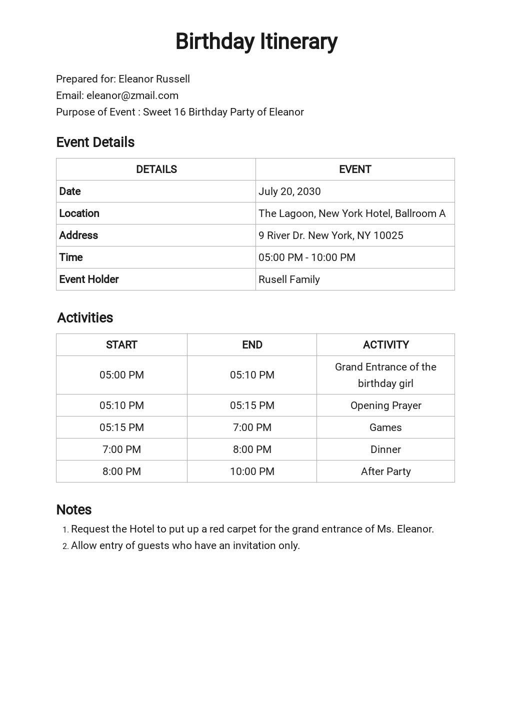 Birthday Itinerary Template [Free PDF] Word (DOC) Apple (MAC) Pages