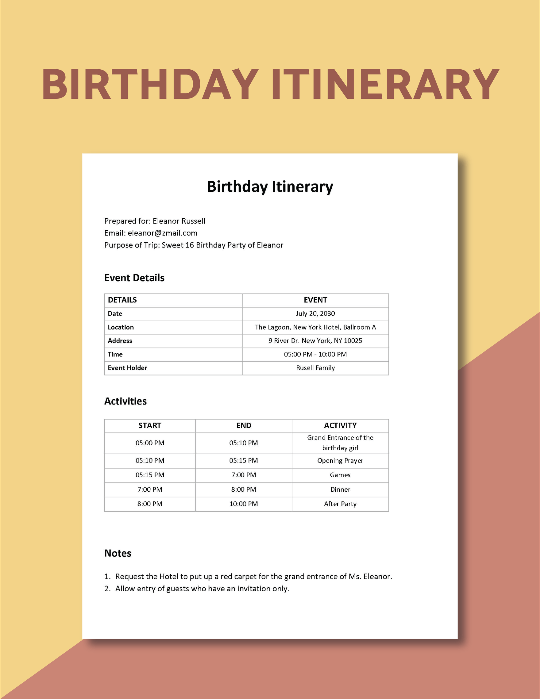 Birthday Itinerary Template