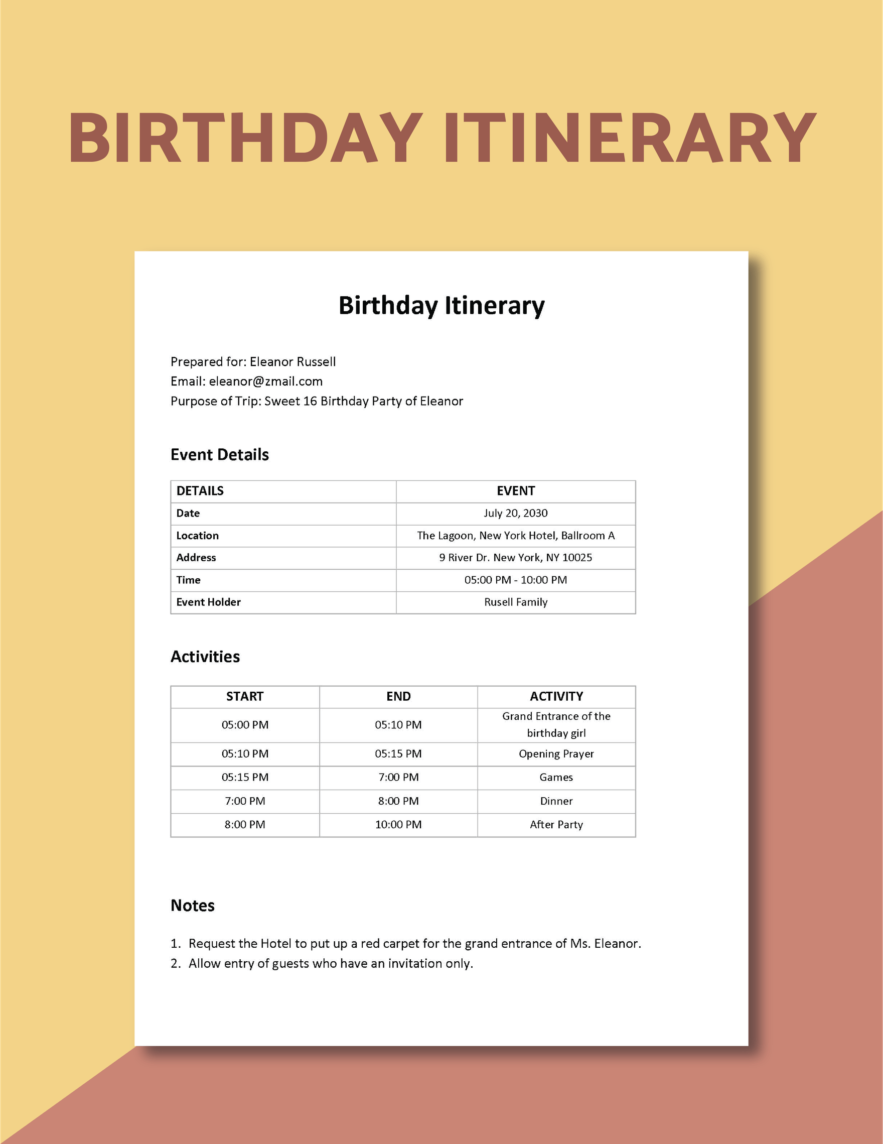 Birthday Itinerary Template Download In Word Google Docs Template