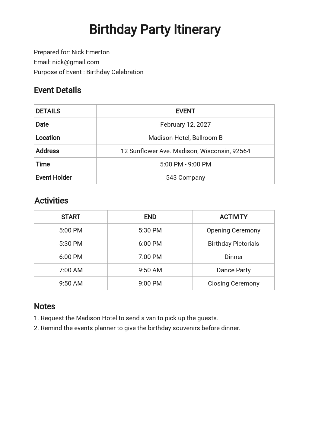 itinerary template google docs