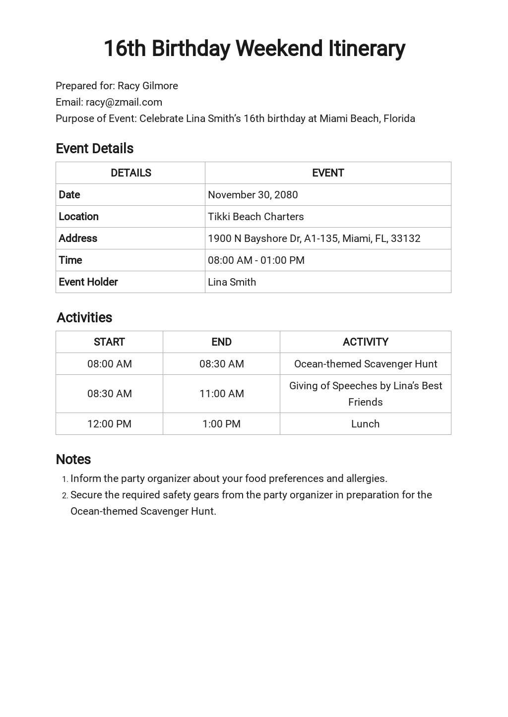 Birthday Weekend Itinerary Template [Free PDF] Word (DOC) Apple