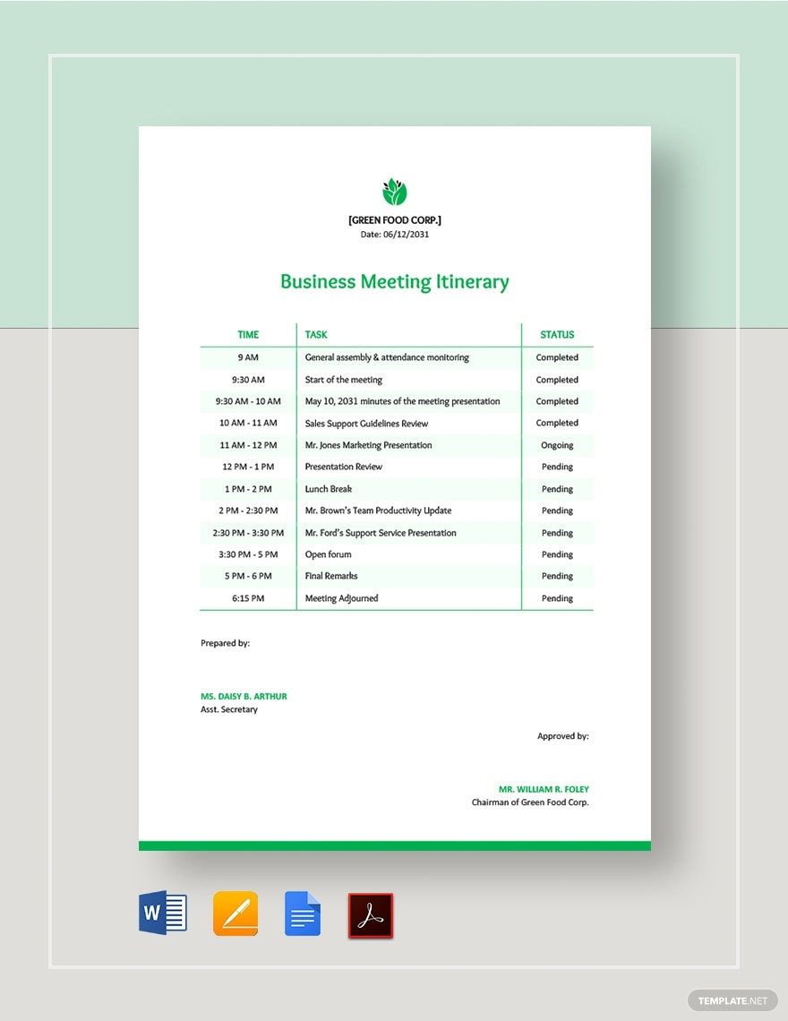 Free Business Meeting Itinerary Template