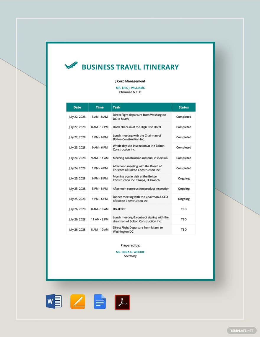 business trip itinerary examples