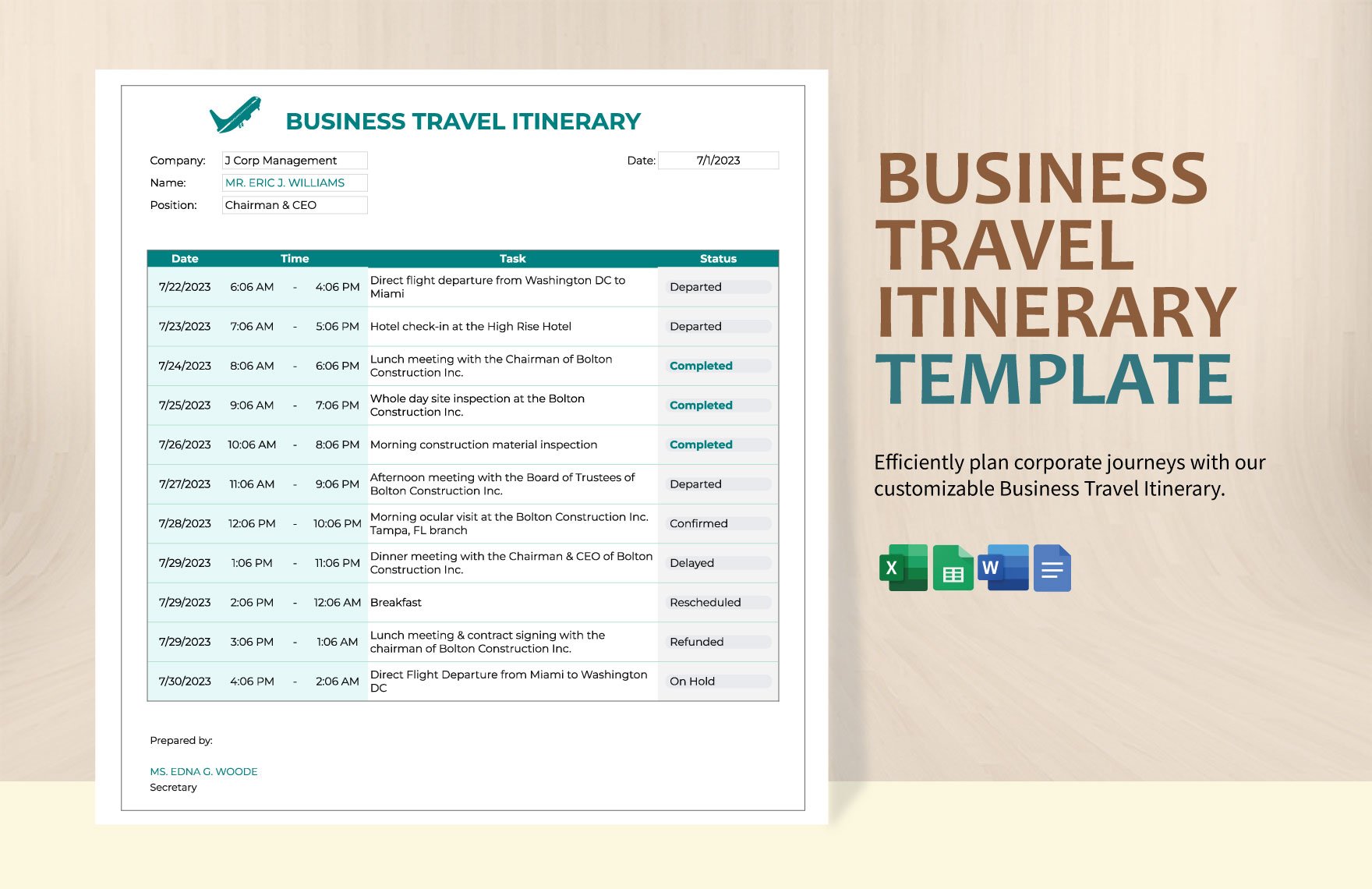 Free Business Travel Itinerary Template in Word, Google Docs, Excel, Google Sheets
