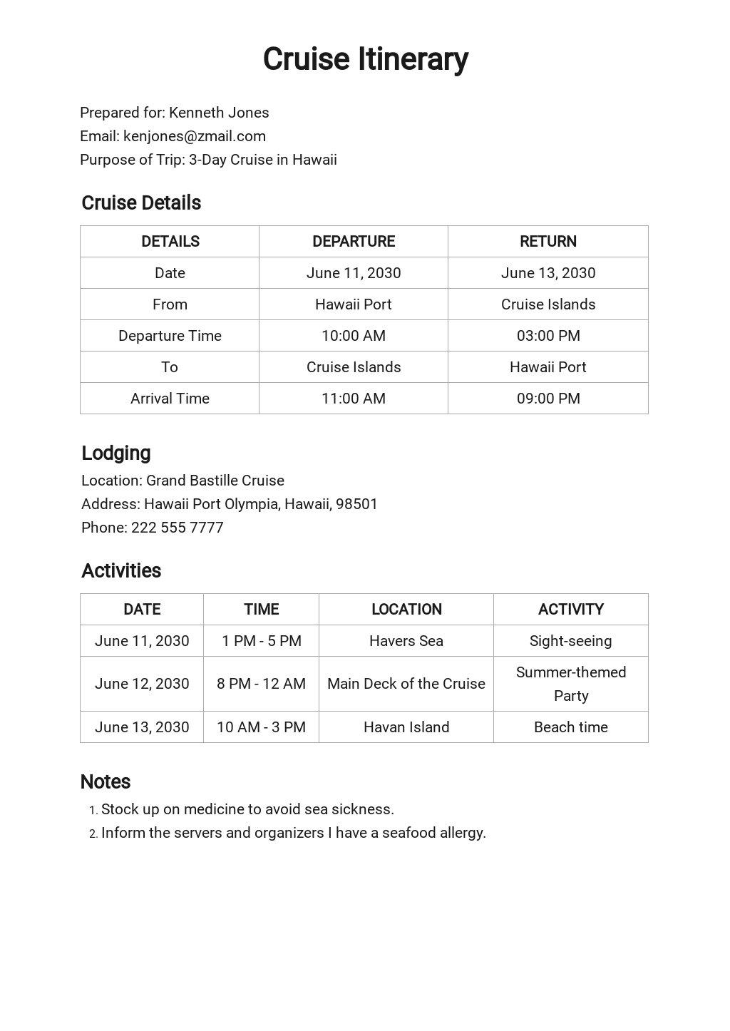 Cruise Itinerary Template