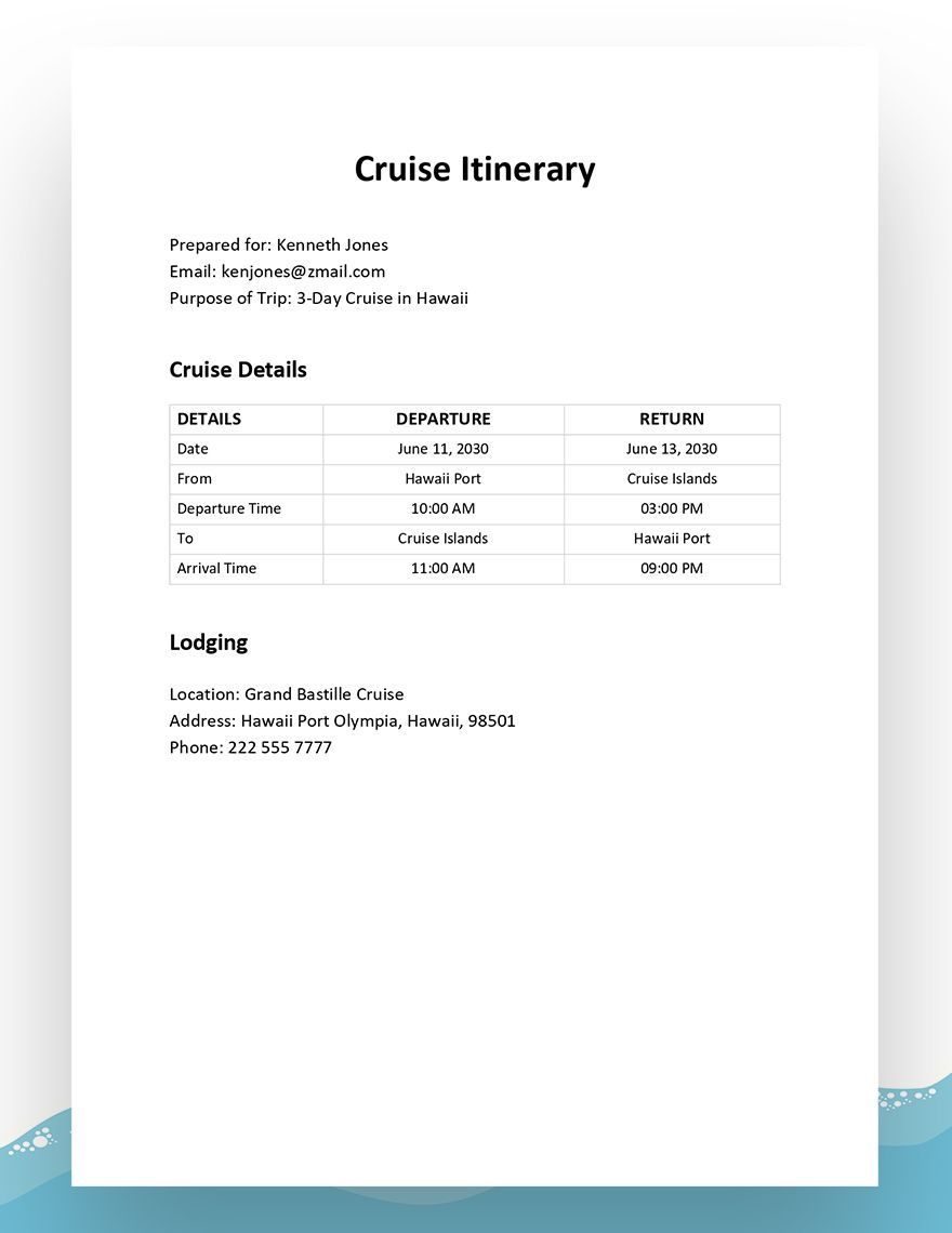 Cruise Itinerary Template Google Docs, Word