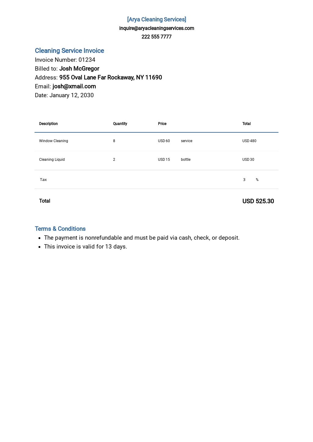 Cleaning Service Invoice Template