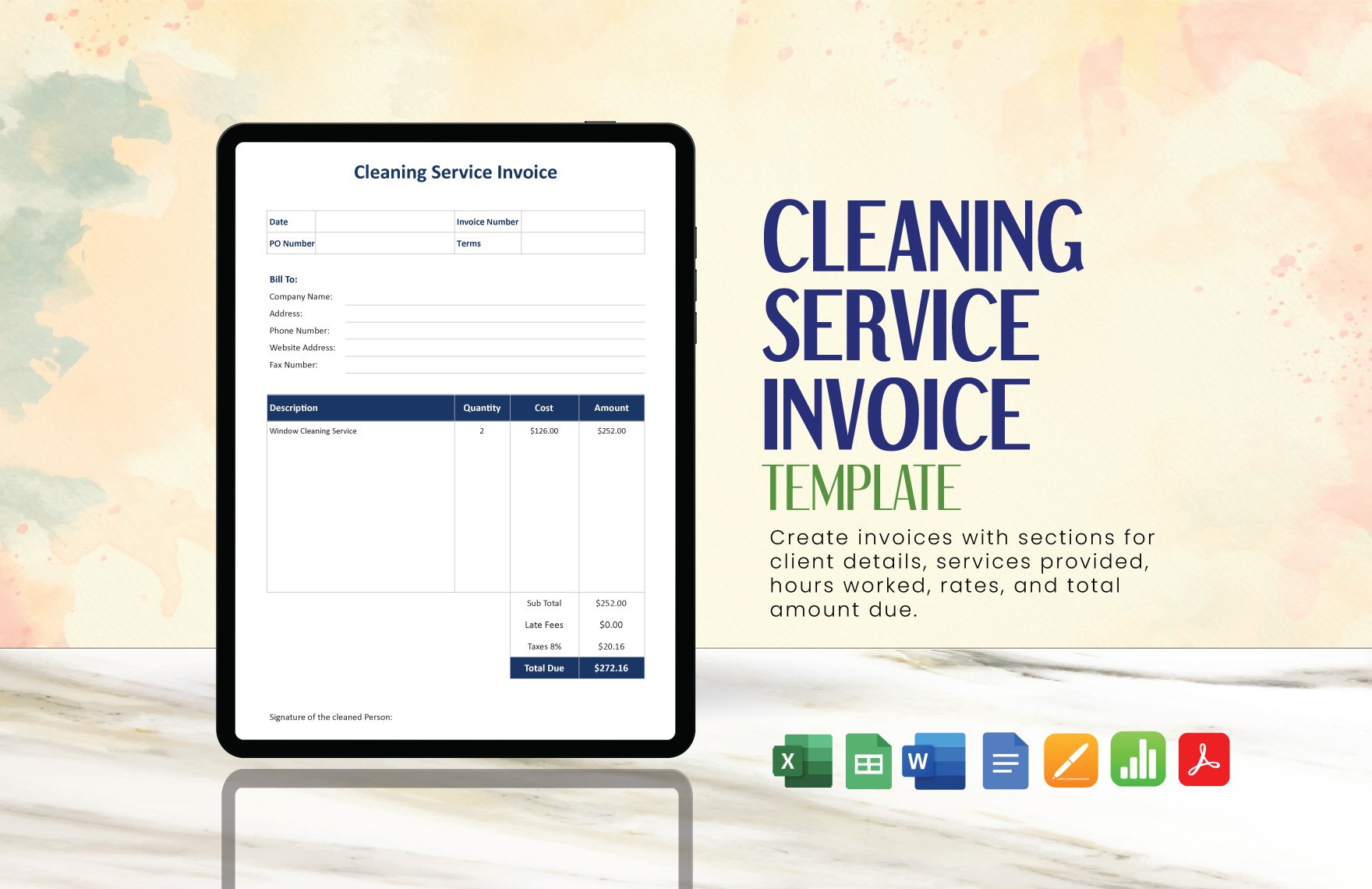 Cleaning Service Invoice Template in Word, Google Docs, Excel, PDF, Google Sheets, Apple Pages, Apple Numbers