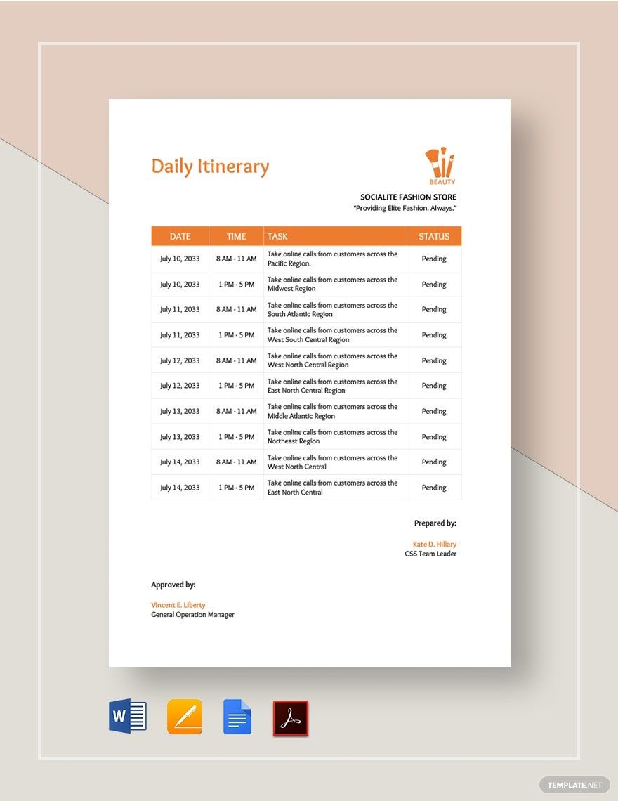 Daily Itinerary Template Google Docs Word Template