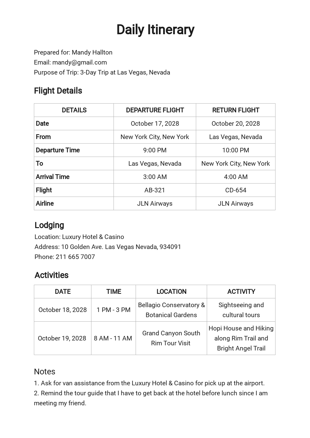 Vacation Itinerary Template Google Sheets