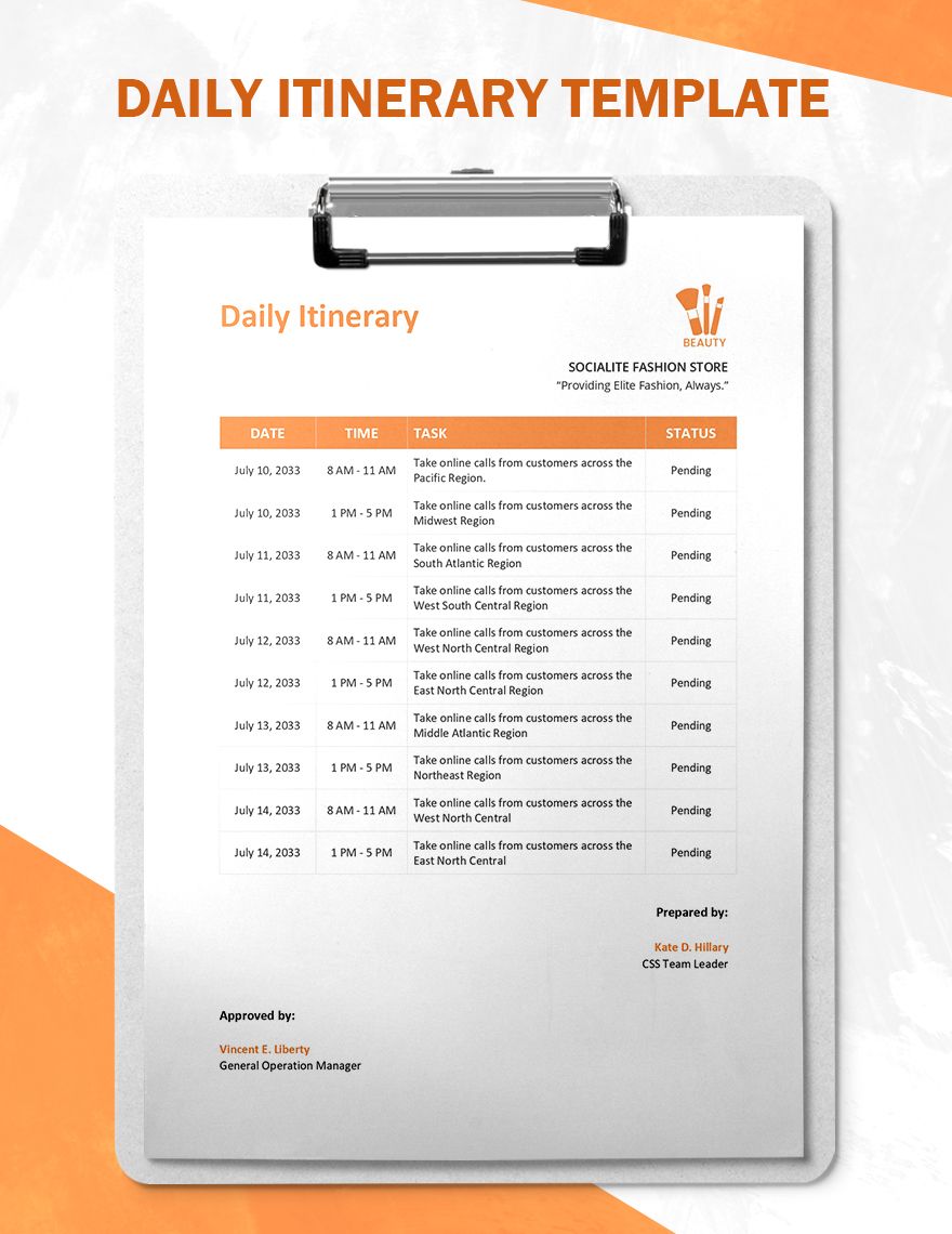 Daily Itinerary Template