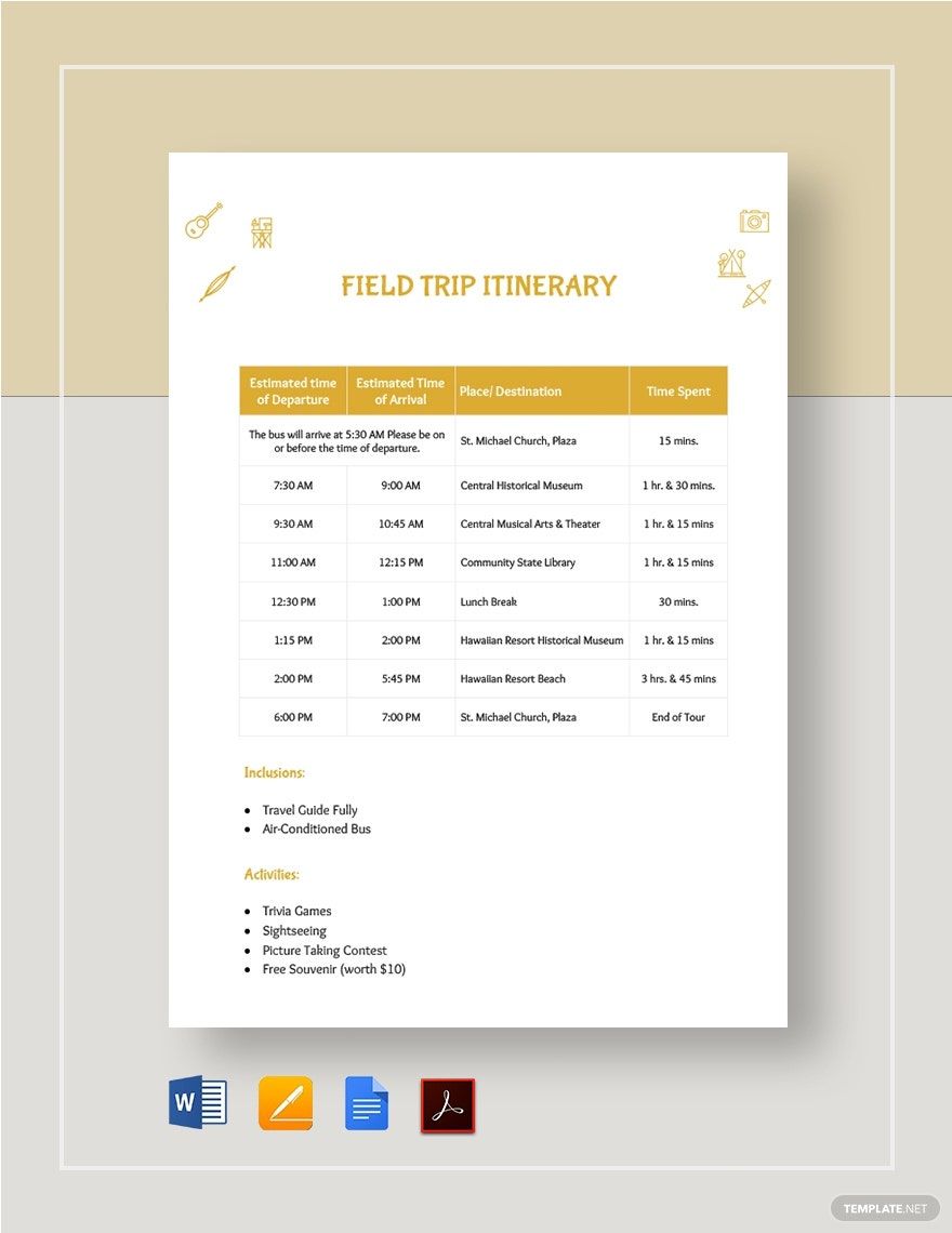 Field Trip Itinerary Template Google Docs, Word