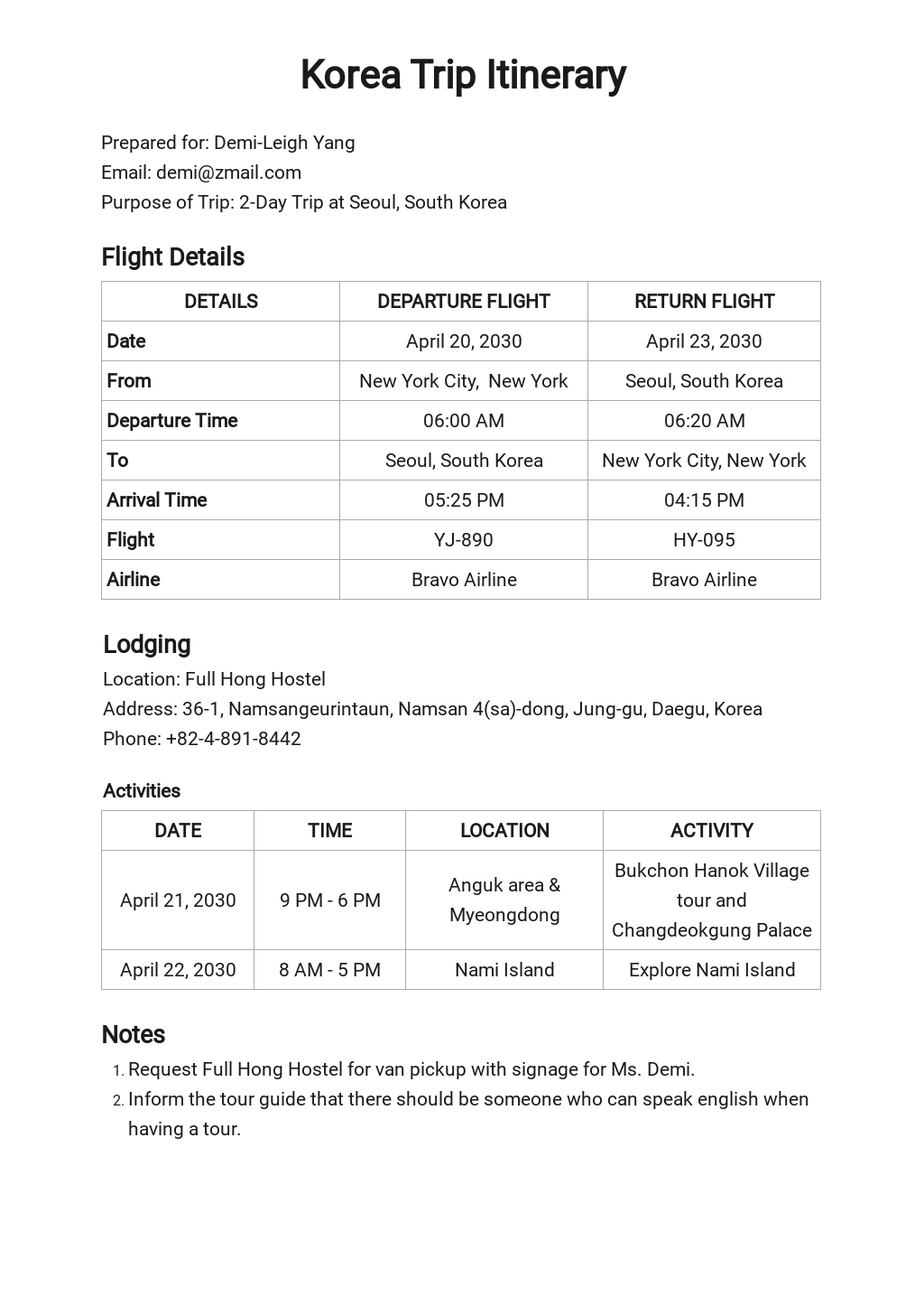 flight itinerary template
