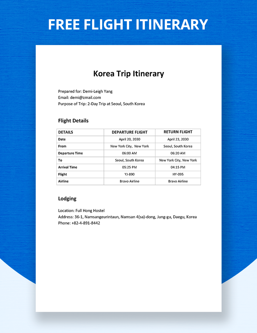 Flight Itinerary Template Word Google Docs Template