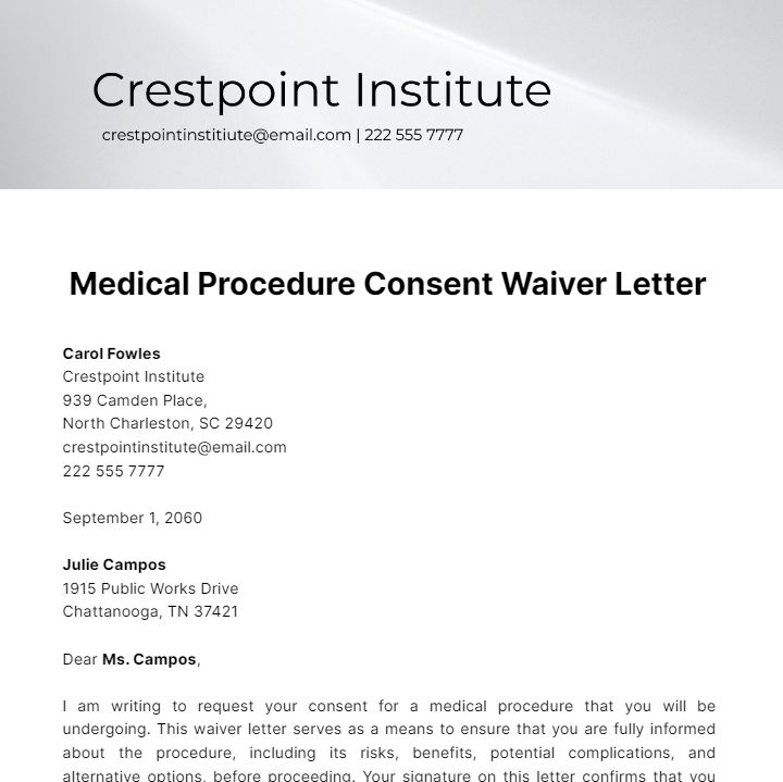 Free Medical Procedure Consent Waiver Letter Template