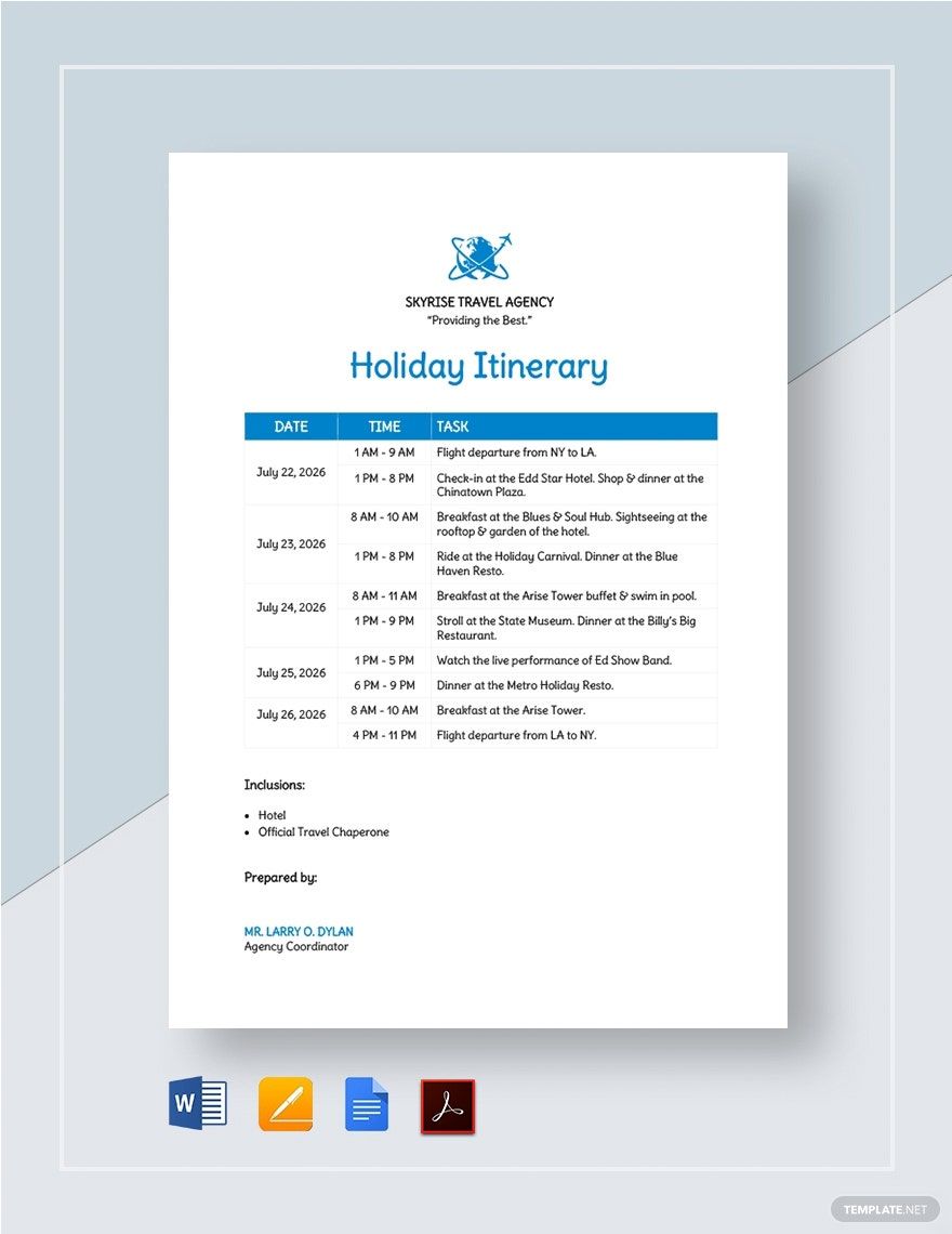 Free Holiday Itinerary Template