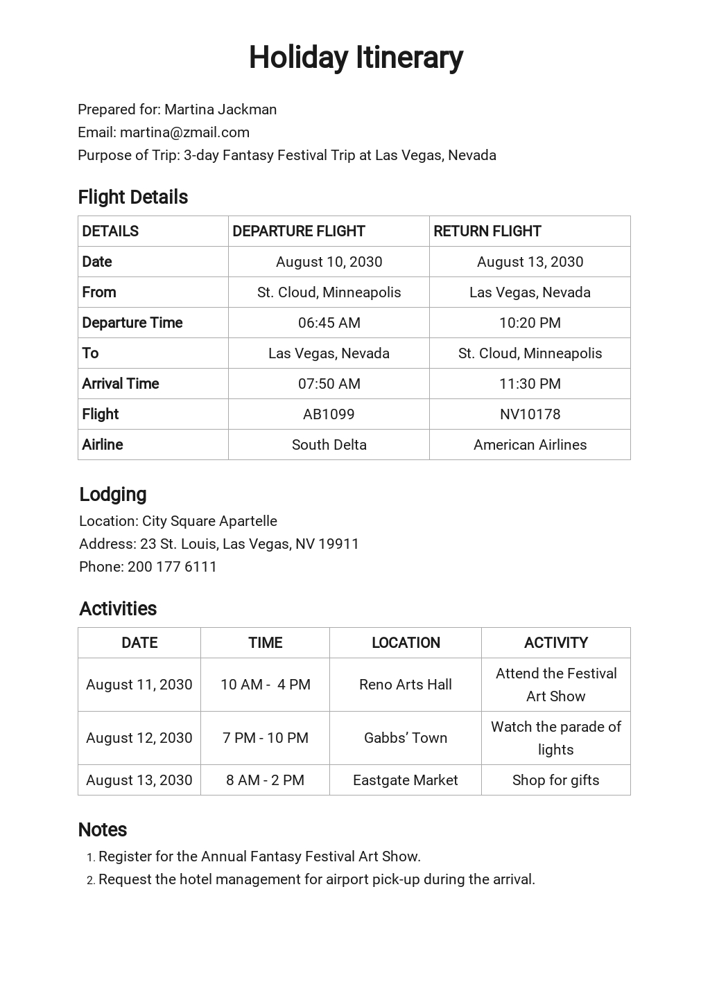 Google Docs Itinerary Template