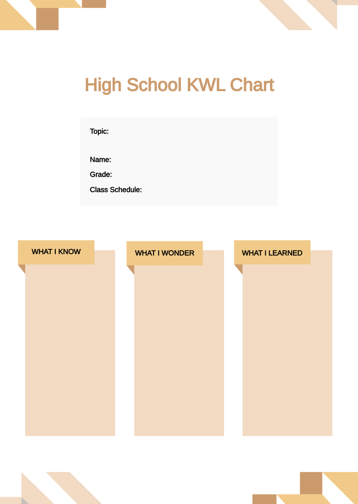 High School KWL Chart Template
