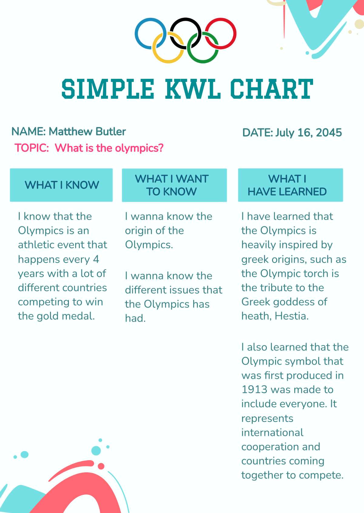 Free Olympic Theme KWL Chart Template