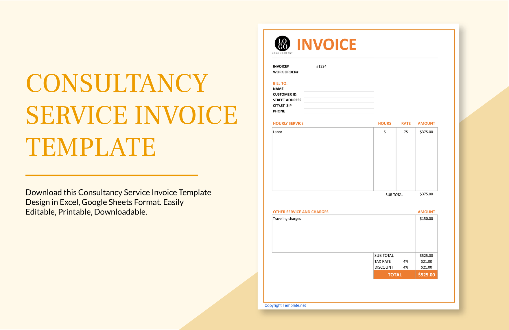 Consultancy Service Invoice Template in Word, Google Docs, Excel, Google Sheets, Apple Pages, Apple Numbers