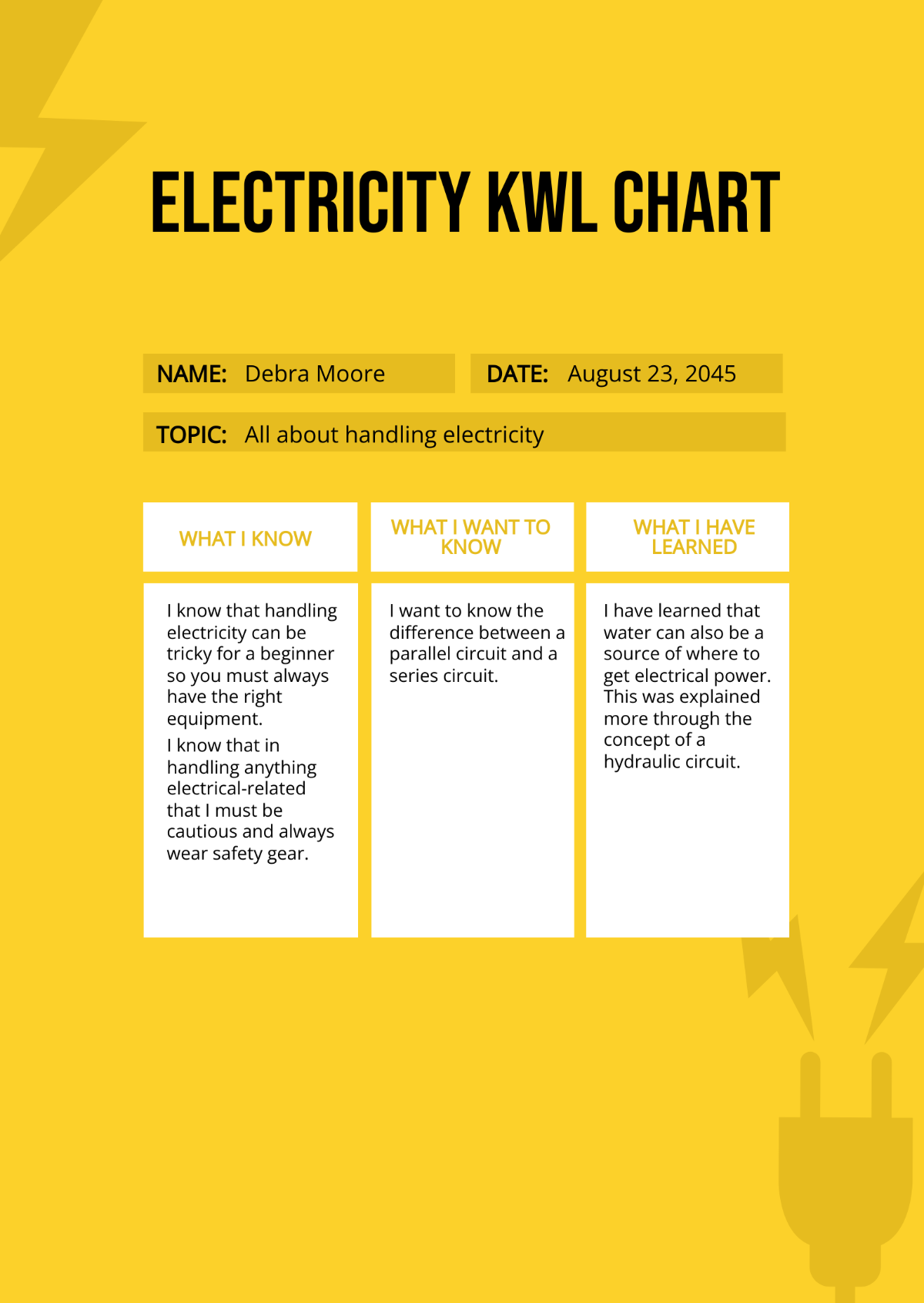Free Electricity KWL Chart Template