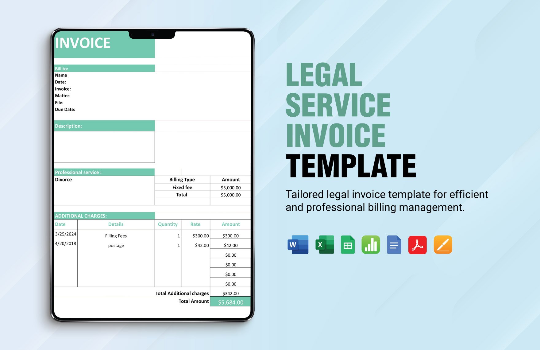 Legal Service Invoice Template in Word, Google Docs, Excel, PDF, Google Sheets, Apple Pages, Apple Numbers