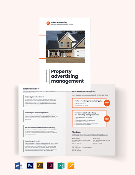 Property Management Advertising Bi-Fold Brochure Template - Illustrator, InDesign, Word, Apple Pages, PSD, Publisher
