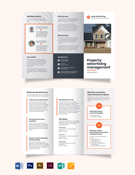 Property Management Advertising Tri-Fold Brochure Template - Illustrator, InDesign, Word, Apple Pages, PSD, Publisher