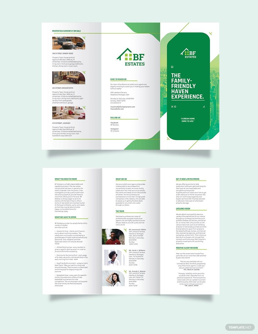 Free Subdivision Agent/Agency Tri-Fold Brochure Template in Word, Google Docs, Illustrator, PSD, Apple Pages, Publisher, InDesign