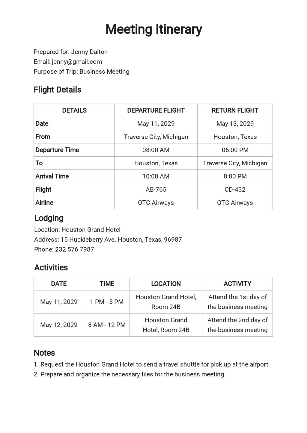 Meeting Itinerary Template Google Docs, Word