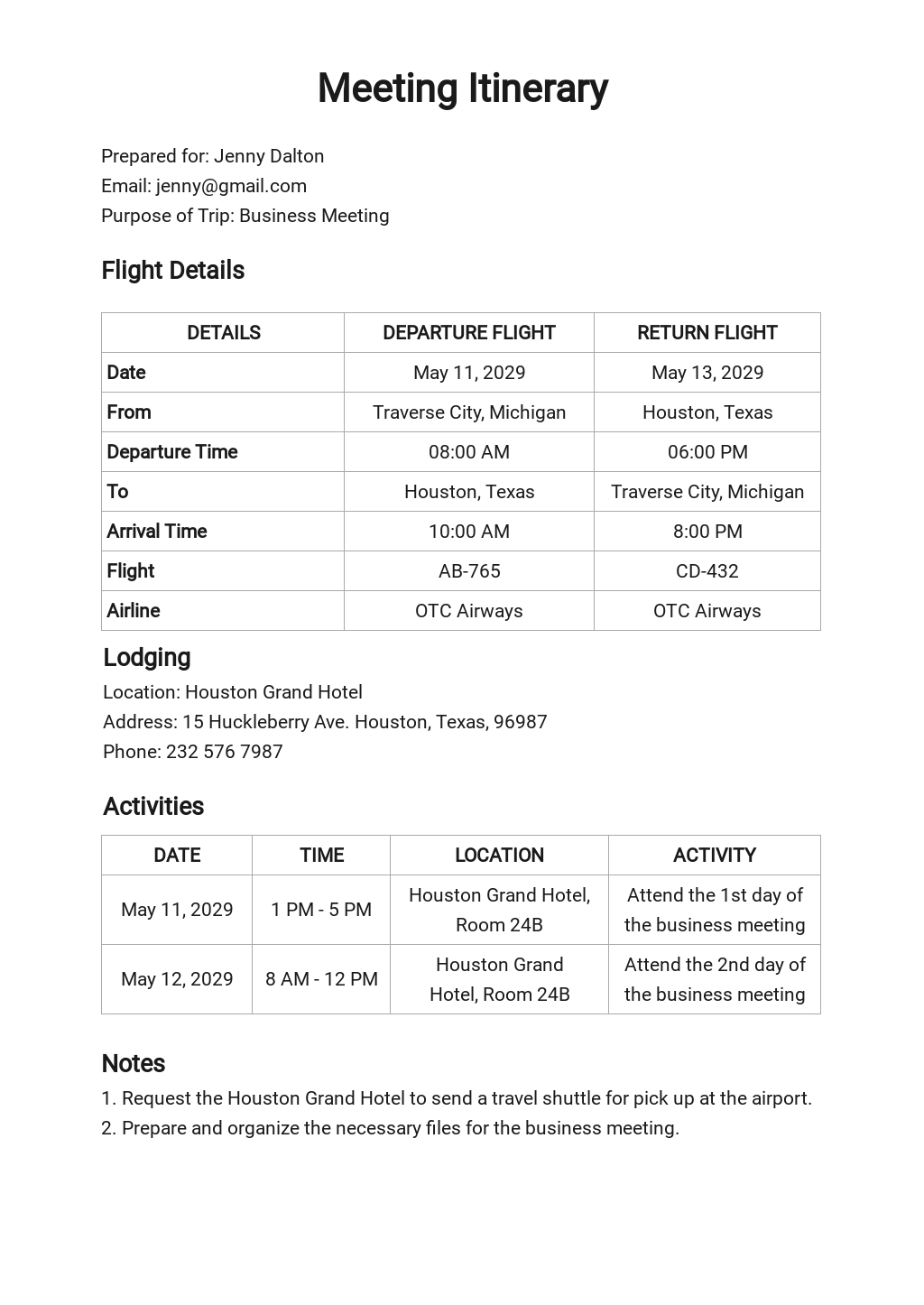 travel and meeting itinerary template