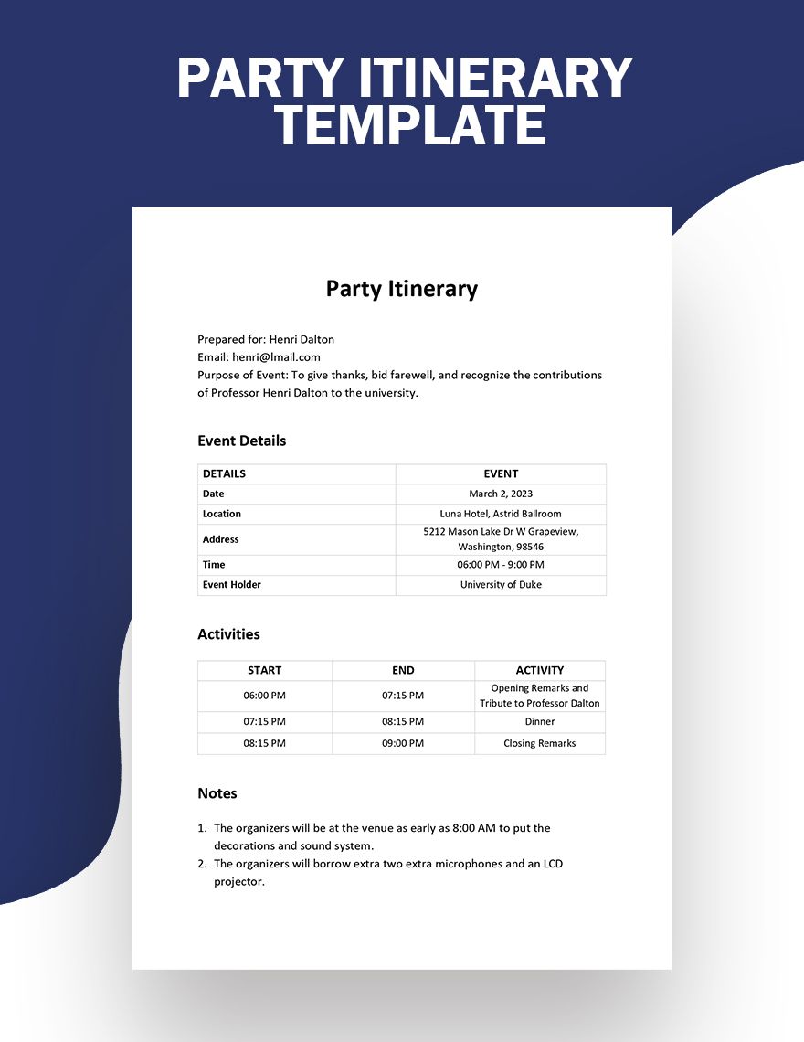 Party Itinerary Template - Google Docs, Word | Template.net